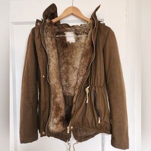 ZARA faux fur khaki short anorak parka jacket coat in size XS